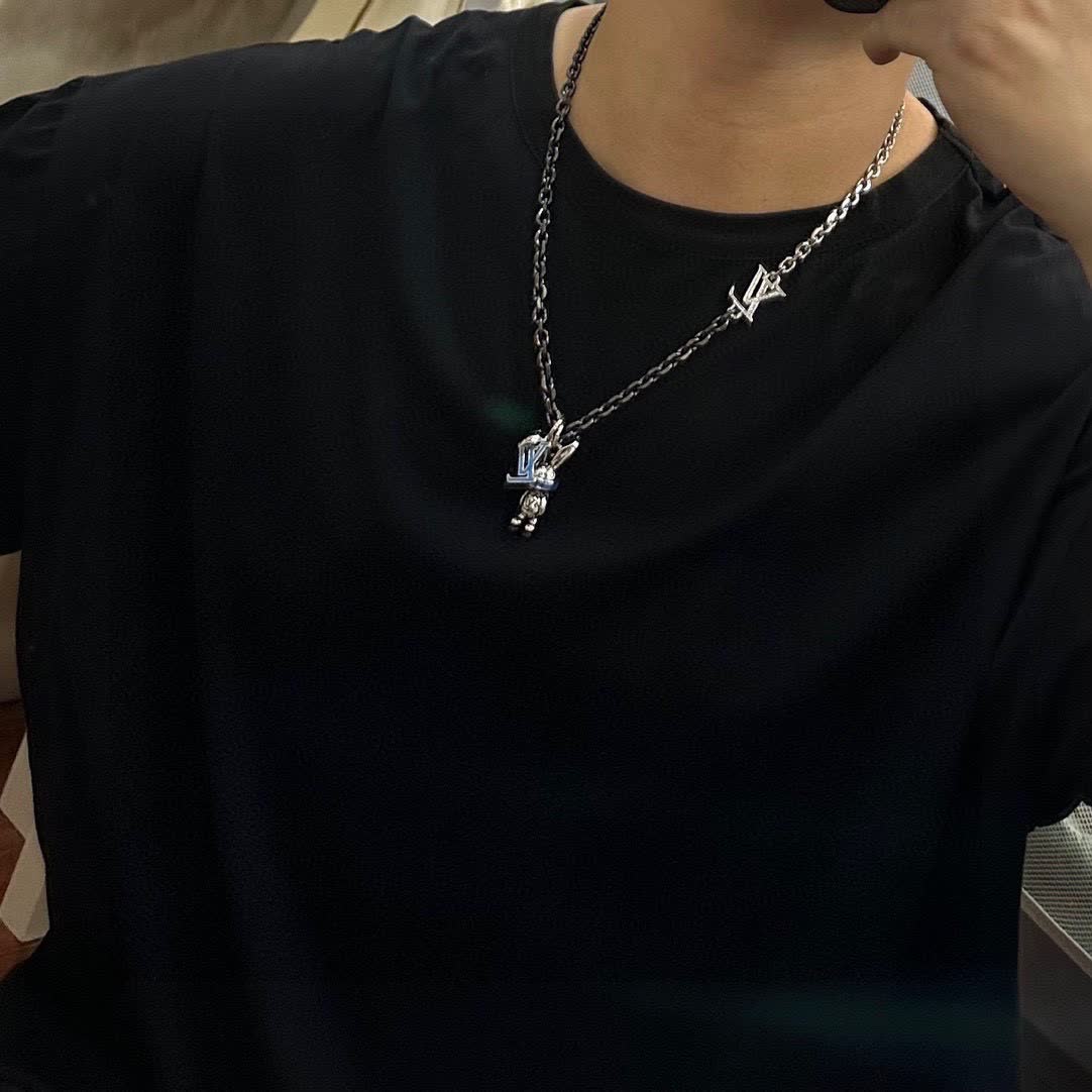 Louis Vuitton Silver Chain Necklace with LV Logo and Bunny Charm